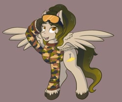 Size: 1918x1611 | Tagged: safe, artist:mscolorsplash, derpibooru import, oc, oc:sandypony, pegasus, pony, brown background, camouflage, clothes, commission, goggles, open mouth, open smile, shirt, simple background, smiling, solo, spread wings, unshorn fetlocks, wings