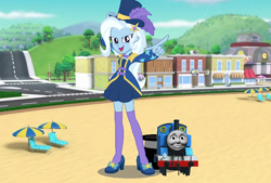 Size: 828x561 | Tagged: safe, artist:avilmig, derpibooru import, trixie, equestria girls, adventure bay, crossover, paw patrol, thomas and friends, thomas the tank engine