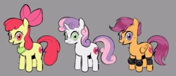 Size: 2818x1220 | Tagged: safe, artist:_ton618_, derpibooru import, apple bloom, scootaloo, sweetie belle, earth pony, pegasus, pony, unicorn, bandana, cutie mark crusaders, female, filly, foal, folded wings, gray background, horn, knee pads, looking at you, open mouth, open smile, simple background, smiling, smiling at you, the cmc's cutie marks, trio, wings
