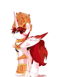 Size: 720x960 | Tagged: safe, artist:diniarvegafinahar, derpibooru import, alicorn, pony, bracelet, colored wings, crown, gold, gradient wings, jewelry, male, nation ponies, necklace, ponified, regalia, simple background, solo, species swap, sriwijaya empire, stallion, white background, wings