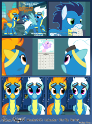 Size: 2048x2732 | Tagged: safe, artist:mistress midnight, derpibooru import, fleetfoot, soarin', spitfire, pegasus, pony, calendar, clothes, dialogue, duo, duo female, female, goggles, idea, locker room, lockers, looking at each other, looking at someone, male, pinup, promo, short comic, show accurate, stallion, torn clothes, uniform, wonderbolts, wonderbolts uniform