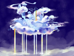 Size: 1600x1200 | Tagged: safe, artist:amy30535, derpibooru import, background, building, cloud, cloudsdale, cloudy, night, no pony, rainbow, rainbow waterfall, scenery