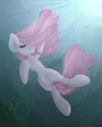 Size: 562x697 | Tagged: safe, artist:pixelsartshop, artist:pixthemallow, derpibooru import, pinkie pie, earth pony, pony, blue background, bubble, crepuscular rays, despair, eyelashes, eyes closed, female, floating, flowing mane, flowing tail, mare, ocean, pink mane, pinkamena diane pie, sad, signature, simple background, solo, sunlight, swimming, tail, underwater, water