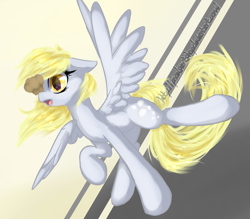 Size: 1565x1370 | Tagged: safe, artist:pixelsartshop, artist:pixthemallow, derpibooru import, derpy hooves, pegasus, pony, abstract background, balancing, bipedal, female, food, mare, muffin, open mouth, ponies balancing stuff on their nose, solo, spread wings, wings