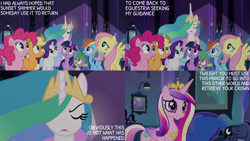 Size: 2000x1125 | Tagged: safe, derpibooru import, edit, edited screencap, editor:quoterific, screencap, applejack, fluttershy, pinkie pie, princess cadance, princess celestia, princess luna, rainbow dash, rarity, spike, twilight sparkle, twilight sparkle (alicorn), alicorn, equestria girls, equestria girls (movie), implied sunset shimmer, mane six