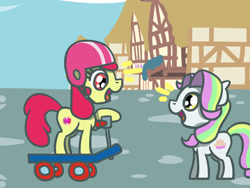 Size: 1800x1350 | Tagged: safe, artist:flutterluv, derpibooru import, part of a set, apple bloom, coconut cream, earth pony, pony, atg 2023, duo, helmet, newbie artist training grounds, ponyville, scooter