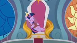 Size: 1280x720 | Tagged: safe, artist:agrol, derpibooru import, twilight sparkle, twilight sparkle (alicorn), alicorn, book, bookhorse, canterlot castle, crown, cute, how to be a princess, jewelry, regalia, sleeping, solo, throne, twiabetes