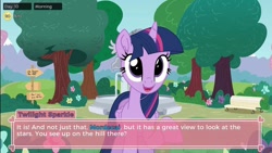 Size: 1006x566 | Tagged: safe, artist:tiarawhy, derpibooru import, twilight sparkle, twilight sparkle (alicorn), alicorn, pony, bench, bits, crossover, crossover shipping, dating game, dating sim, day, dialogue box, female, fountain, looking at you, male, mare, mordetwi, morning, park, park bench, pony waifu sim, raised hoof, raised leg, reference, regular show, road sign, shipping, sign, smiling, smiling at you, solo, statue, straight, tree