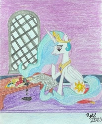 Size: 2067x2506 | Tagged: safe, artist:opti, derpibooru import, princess celestia, alicorn, atg 2023, inkwell, newbie artist training grounds, newspaper, quill, scroll, solo, stain, table, traditional art, window
