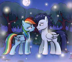 Size: 967x826 | Tagged: safe, artist:marakoruluv, derpibooru import, rainbow dash, soarin', firefly (insect), insect, pegasus, pony, female, lake, looking at each other, looking at someone, male, mare, moon, night, romantic, shipping, smiling, smiling at each other, soarindash, stallion, straight, tree, water