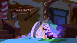 Size: 2280x1288 | Tagged: safe, artist:darksly, derpibooru import, princess celestia, alicorn, pony, cake, caught, dark, eating, food, implied pinkie pie, night, solo, sugarcube corner