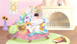 Size: 4782x2764 | Tagged: safe, artist:patchnpaw, derpibooru import, princess celestia, princess luna, oc, oc:dusty pages, alicorn, pony, unicorn, bed, blank flank, blushing, book, canon x oc, cewestia, duo, female, filly, fireplace, flower, foal, high res, levitation, lying down, magic, male, mare, picture frame, prone, reading, stallion, sunflower, telekinesis, vase, wing blanket, winghug, wings, woona, younger