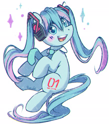 Size: 1798x2048 | Tagged: safe, artist:patchnpaw, derpibooru import, earth pony, pony, anime, blushing, female, floating, grin, hatsune miku, kotobukiya, kotobukiya hatsune miku pony, open mouth, ponified, simple background, smiling, solo, sparkly eyes, species swap, vocaloid, white background, wingding eyes