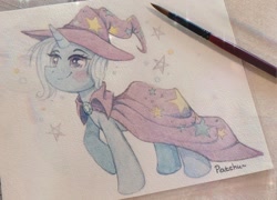 Size: 1280x922 | Tagged: safe, artist:patchnpaw, derpibooru import, trixie, pony, unicorn, blushing, cape, clothes, eyelashes, female, hat, mare, raised hoof, raised leg, smiling, solo, traditional art, trixie's cape, trixie's hat, watercolor painting