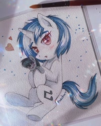 Size: 888x1107 | Tagged: safe, artist:patchnpaw, derpibooru import, dj pon-3, octavia melody, vinyl scratch, pony, unicorn, :o, blushing, female, heart, holding, looking at you, mare, open mouth, plushie, sitting, solo, traditional art, watercolor painting