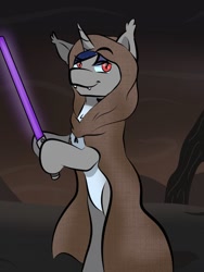 Size: 510x680 | Tagged: safe, artist:doodle-hooves, derpibooru import, oc, oc only, oc:dreaming star, bat pony, hybrid, unicorn, bat pony oc, bat pony unicorn, bipedal, clothes, hood, hoof hold, horn, jedi, lightsaber, looking at you, outdoors, pale belly, red eyes, robe, star wars, weapon