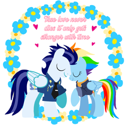 Size: 1400x1400 | Tagged: safe, artist:mlplary6, derpibooru import, rainbow dash, soarin', pegasus, pony, the last problem, bomber jacket, clothes, duo, eyes closed, female, flower, heart, husband and wife, jacket, love, male, mare, married couple, older, older rainbow dash, older soarin', older soarindash, romantic, shipping, simple background, smiling, soarindash, stallion, straight, text, white background