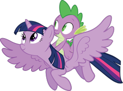 Size: 6638x4942 | Tagged: safe, derpibooru import, spike, twilight sparkle, twilight sparkle (alicorn), alicorn, dragon, pony, g4, princess twilight sparkle (episode), .svg available, duo, female, flying, looking to side, looking to the left, male, mare, official, riding, riding a pony, simple background, spike riding twilight, stock vector, svg, transparent background, vector