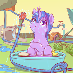 Size: 3680x3687 | Tagged: safe, artist:stratodraw, derpibooru import, twilight sparkle, unicorn twilight, pony, unicorn, bathtub, cute, female, garden hose, glowing, glowing horn, horn, looking at you, mare, rubber duck, smiling, smiling at you, solo, twiabetes, umbrella, water, wet