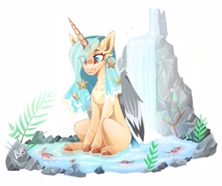 Size: 2317x1933 | Tagged: safe, artist:buvanybu, derpibooru import, oc, oc only, alicorn, fish, pony, alicorn oc, horn, simple background, solo, water, waterfall, white background, wings