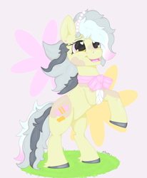 Size: 1732x2104 | Tagged: safe, artist:mistyquest, derpibooru import, oc, earth pony, pony, bandage, bandaged leg, bow, colored hooves, cute, digital art, drawing, dyed hair, dyed mane, dyed tail, ear piercing, earring, gradient eyes, grass, grass field, happy, jewelry, missing limb, multicolored eyes, multicolored hair, neck bow, open mouth, orange eyes, pastel, piercing, pink background, pink eyes, rearing, simple background, smiling, solo, spotted, tail, three legged, yellow coat