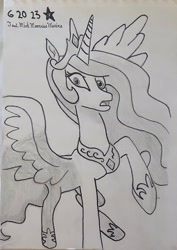 Size: 2074x2934 | Tagged: safe, artist:mlpfantealmintmoonrise, derpibooru import, princess celestia, alicorn, pony, my little pony: the movie, atg 2023, female, high res, horrified, mare, monochrome, newbie artist training grounds, petrification, shrunken pupils, solo, spread wings, traditional art, wings