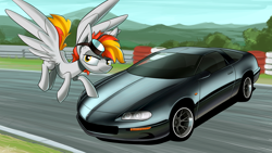 Size: 1920x1080 | Tagged: safe, artist:dori-to, derpibooru import, oc, oc only, pegasus, pony, car, chevrolet, chevrolet camaro, race track, solo