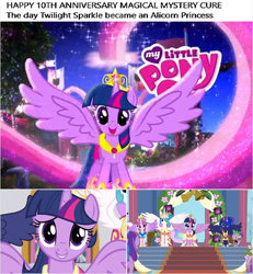 Size: 682x739 | Tagged: safe, derpibooru import, editor:incredibubbleirishguy, princess cadance, princess celestia, princess luna, spike, twilight sparkle, twilight sparkle (alicorn), alicorn, magical mystery cure, alicorn tetrarchy, crystal princess celebration, facebook, link in description, link in source, magical mystery cure 10th anniversary, princess