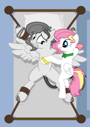 Size: 1536x2166 | Tagged: safe, artist:equestria secret guard, derpibooru import, oc, oc only, oc:tabata, pegasus, pony, armpits, bed, belly, belly button, bondage, couple, duo, featureless crotch, female, gritted teeth, helpless, male, mare, pegasus oc, sexy, spread eagle, spread legs, spreading, straight, teeth, tied to bed, tied up