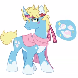 Size: 1773x1773 | Tagged: safe, artist:regularcitrus, derpibooru import, earth pony, pony, unicorn, :3, blonde, blonde hair, blonde mane, blue skin, bubble, caesar zeppeli, closed mouth, clothes, cutie mark, facial markings, green eyes, headband, horn, jojo's bizarre adventure, looking at you, male, ponified, saturn, scarf, simple background, smiling, smiling at you, smirk, solo, sparkles, species swap, stallion, white background, white hooves