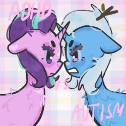 Size: 2048x2048 | Tagged: safe, artist:stanleyiffer, derpibooru import, starlight glimmer, trixie, pony, unicorn, duo, ears back, fluffy, frown, looking at each other, looking at someone, side view, text