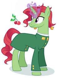 Size: 612x677 | Tagged: safe, artist:regularcitrus, derpibooru import, pony, button, cherry, clothes, ear piercing, earring, food, green skin, jewelry, jojo's bizarre adventure, looking to side, looking to the left, noriaki kakyoin, piercing, ponified, purple eyes, red hair, red mane, school uniform, simple background, solo, species swap, white background