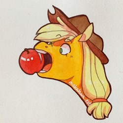 Size: 1080x1080 | Tagged: safe, artist:regularcitrus, derpibooru import, part of a set, applejack, earth pony, pony, apple, bust, food, mouth hold, open mouth, solo, traditional art