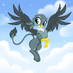 Size: 2500x2500 | Tagged: safe, artist:rurihal, derpibooru import, gabby, griffon, female, sky background, solo, spread wings, wings
