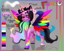 Size: 4096x3277 | Tagged: safe, artist:irinamar, derpibooru import, oc, oc only, alicorn, pony, tricorn, alicorn oc, body markings, color palette, colored ears, colored hooves, colored horn, colored pupil, colored sclera, colored tongue, colored wings, cute, cute little fangs, cyrillic, do not steal, donut steel, ethereal mane, eyeshadow, fangs, gradient mane, gray background, halo, horn, makeup, mismatched eyebrows, mismatched eyes, mismatched hooves, multicolored horn, multicolored wings, multiple horns, multiple wings, rainbow wings, reference sheet, russian, shaped pupil, simple background, solo, standing, striped horn, text, translated in the comments, wingding eyes, wings
