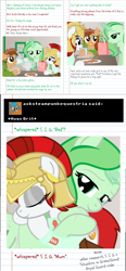 Size: 1280x2748 | Tagged: safe, artist:askbritanniamlp, derpibooru import, oc, oc:britannia, oc:coffee talk, oc:merriweather, bird, earth pony, parrot, pony, unicorn, ask britannia, bottle, female, hug, magic, mare