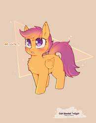 Size: 938x1200 | Tagged: safe, artist:cold-blooded-twilight, derpibooru import, scootaloo, pegasus, pony, blushing, chest fluff, cute, cutealoo, dialogue, female, filly, foal, solo