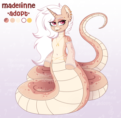 Size: 4000x3924 | Tagged: safe, artist:madelinne, derpibooru import, oc, oc only, lamia, original species, adoptable, adoptable open, adoption, gradient background, jewelry, long hair, reference sheet, solo, white hair