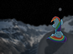 Size: 1600x1200 | Tagged: safe, artist:dawsonj750, derpibooru import, rainbow dash, pegasus, pony, g4, cloud, cold, female, full moon, mare, moon, night, night sky, sad, scenery, sky, solo