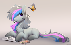 Size: 1922x1226 | Tagged: safe, artist:little-sketches, derpibooru import, oc, oc:moonstone pie, butterfly, earth pony, pony, chest fluff, colored pencils, drawing, earth pony oc, gradient hooves, male, offspring, parent:marble pie, parent:pixel codec, simple background, solo, stallion