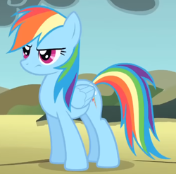 Size: 468x461 | Tagged: safe, derpibooru import, screencap, rainbow dash, dragonshy, season 1, cropped, folded wings, mouth on side of face, sky, standing, wings