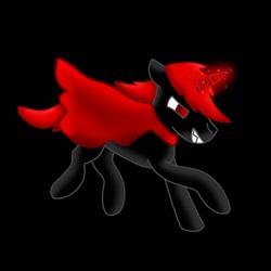 Size: 1280x1280 | Tagged: safe, derpibooru import, oc, oc:comber, unicorn, assassin, black background, black coat, devious smile, glowing red horn, red and black oc, red cape, red eyes, red magic, red mane, red tail, running, running to the right, short mane, short tail, simple background, story: ponyville's biggest threat, tail, u
