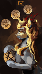 Size: 1440x2560 | Tagged: safe, artist:krapinkaius, derpibooru import, pony, bust, crown, four of pentacles, gold, horns, jewelry, portrait, profile, regalia, side view, solo, tarot, tarot card
