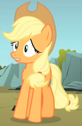 Size: 282x436 | Tagged: safe, derpibooru import, screencap, applejack, earth pony, pony, dragonshy, season 1, applejack's hat, clothes, cowboy hat, cropped, freckles, frown, hat, solo, standing, worried