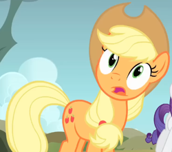 Size: 487x431 | Tagged: safe, derpibooru import, screencap, applejack, earth pony, pony, dragonshy, season 1, applejack's hat, clothes, cowboy hat, cropped, female, hat, looking up, mare, shocked, solo, standing, surprised