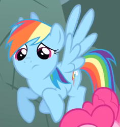 Size: 332x352 | Tagged: safe, derpibooru import, screencap, rainbow dash, pegasus, pony, dragonshy, season 1, cropped, cute, dashabetes, female, flying, looking down, mare, raised hoof, raised leg, solo focus, spread wings, unsure, wings