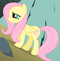 Size: 607x621 | Tagged: safe, derpibooru import, screencap, fluttershy, pegasus, pony, dragonshy, season 1, cropped, dirt, female, folded wings, gritted teeth, mare, mouth on side of face, nervous, rock, solo, teeth, walking, wings