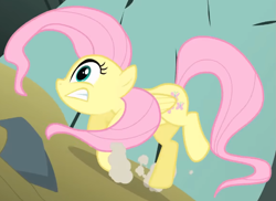 Size: 763x556 | Tagged: safe, derpibooru import, screencap, fluttershy, pegasus, pony, dragonshy, season 1, cropped, dirt, dust, folded wings, great moments in animation, rock, shocked, solo, tripping, wings