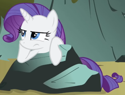 Size: 656x499 | Tagged: safe, derpibooru import, screencap, rarity, pony, unicorn, dragonshy, season 1, annoyed, cropped, female, leaning, mare, mouth on side of face, rock, solo