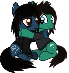 Size: 1237x1309 | Tagged: safe, artist:lightningbolt, derpibooru exclusive, derpibooru import, earth pony, pony, undead, zombie, zombie pony, .svg available, bags under eyes, bloodshot eyes, bone, bring me the horizon, brothers, clothes, duo, duo male, fangs, happy, hoof hold, hug, lidded eyes, lip piercing, long sleeves, looking at each other, looking at someone, male, oliver sykes, piercing, ponified, scar, show accurate, siblings, simple background, sitting, smiling, species swap, stallion, stitches, svg, tattoo, tom sykes, torn ear, transparent background, vector